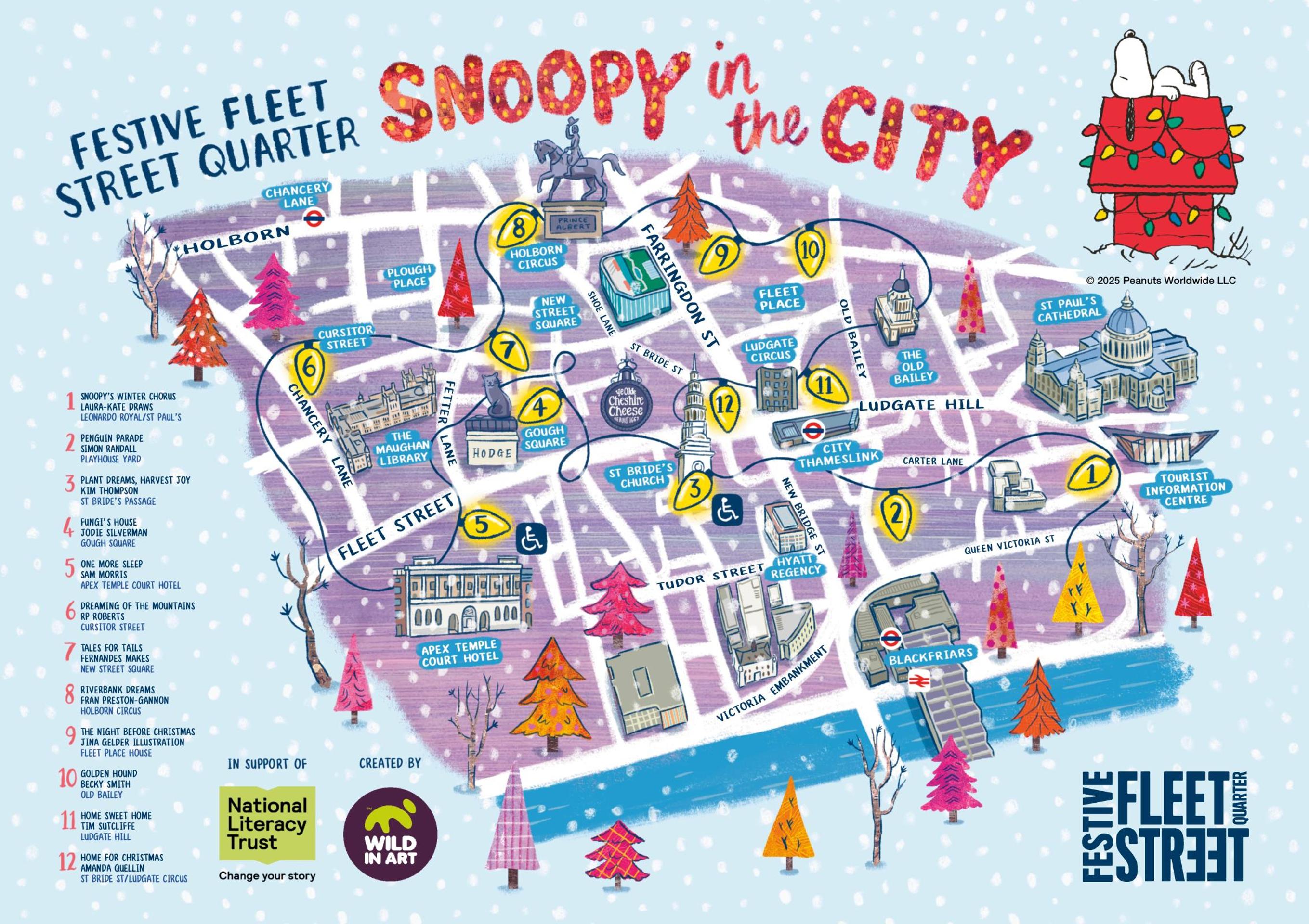 This winter, the Fleet Street Quarter will welcome a very special guest: Snoopy! From 19 November 2025 to 16 January 2026, the world-famous character will take over the streets of the Quarter in the form of twelve unique sculptures, each artist-designed to celebrate the 75th anniversary of Charles M. Schulz’s beloved comic strip, Peanuts™.

Each of the twelve sculptures will also have a scannable QR code, giving you quick access to the map, the audio trail, and an opportunity to show your support. Join stand-up comedian Olaf Falafel as he guides you through the Quarter!

The Snoopy Sculpture Trail is a partnership between Fleet Street Quarter BID, Wild in Art, and Peanuts Worldwide. Each sculpture will feature Snoopy perched on his famous red doghouse, reimagined through the creative lens of twelve artists, and placed in surprise locations across the Quarter for visitors to discover.